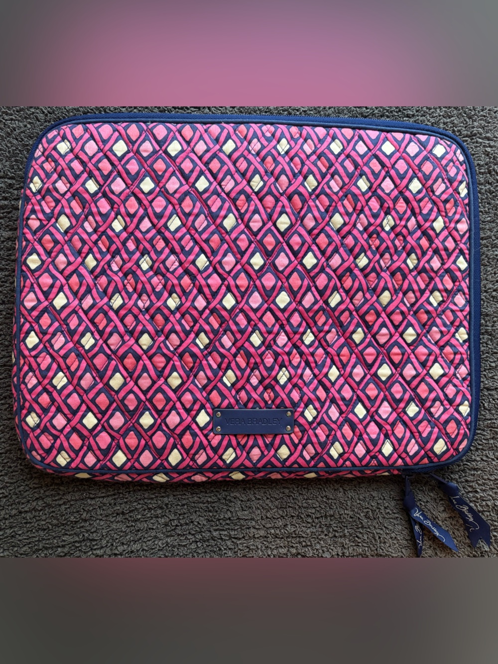 Vera Bradley Pink and Navy Geometric Quilted Laptop Sleeve